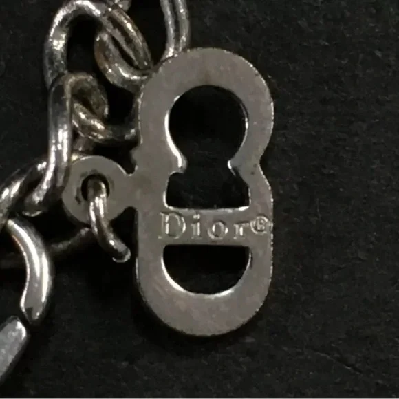 Authentic Christian Dior Logo Plate Rhinestone Silver Tone Pendant Necklace - Picture 8 of 16